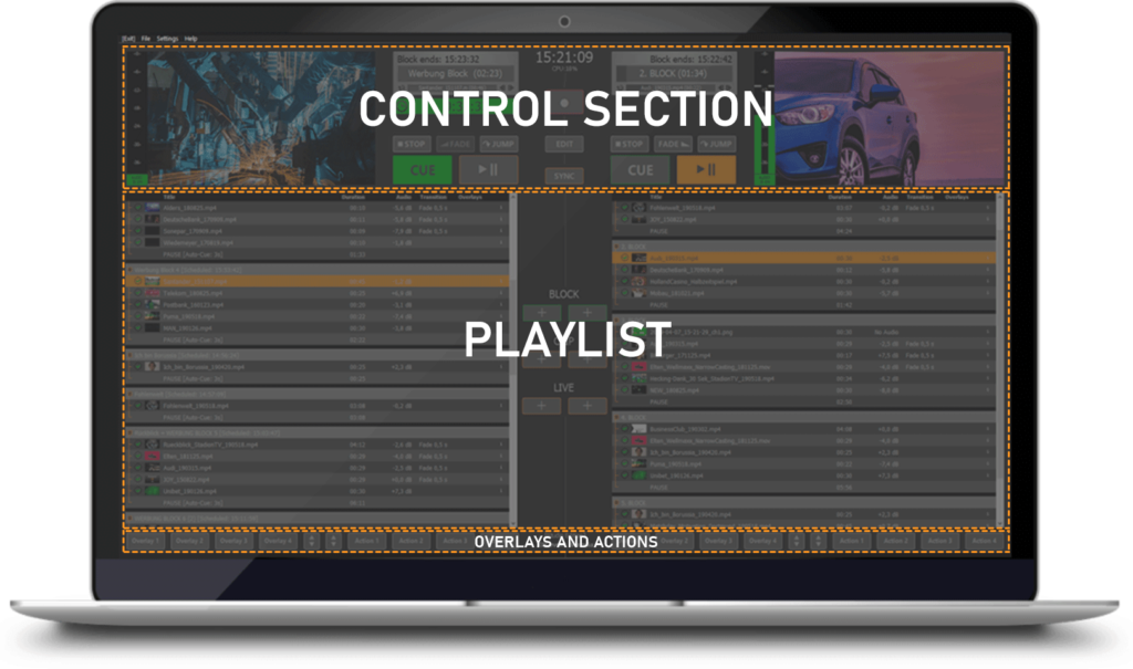 PLAYDECK Professional Video Playback Playout Software for Windows * User Interface with two Playlists, Control Section and Overlay and Action Buttons