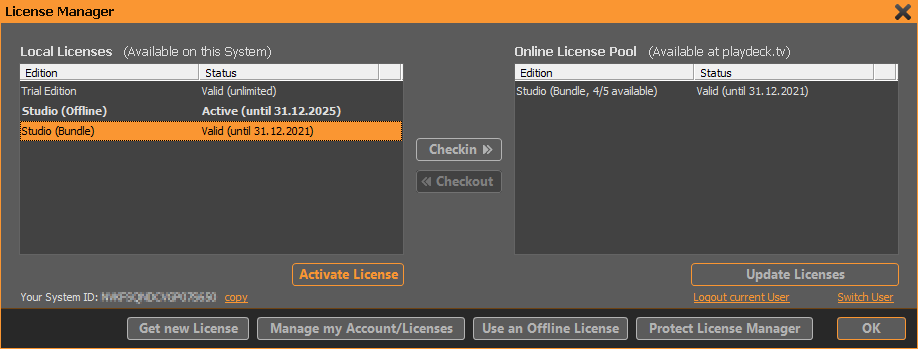 PLAYDECK Professional Video Playback Playout Software for Windows * License Manager Activate License