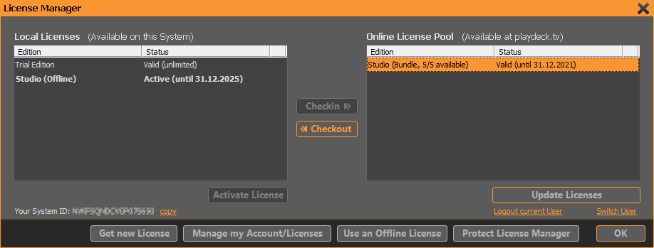 PLAYDECK Professional Video Playback Playout Software for Windows * License Manager Checkin Checkout License Online Pool Local System